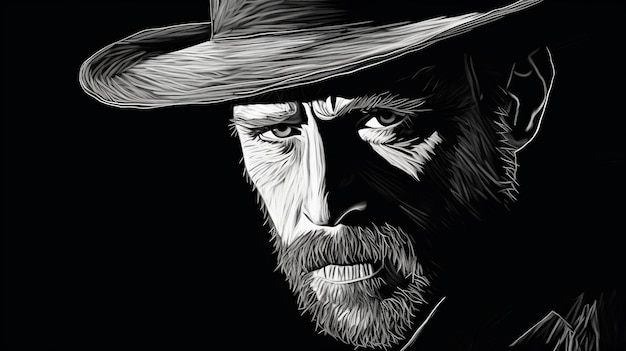 Intense Gaze Film Noir Style Drawing Of An Old Man With A Cowboy Hat