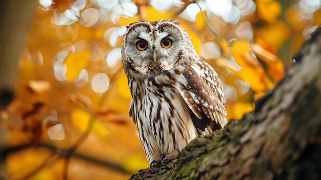 Intense gaze of a forest owl amid autumn leaves