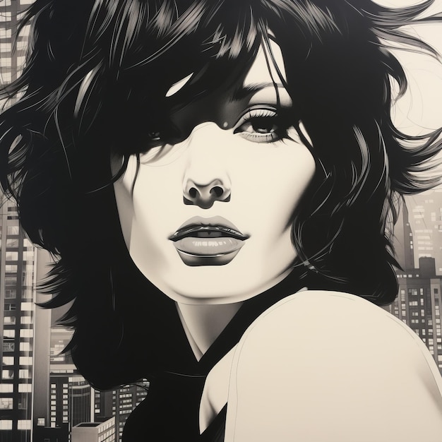 Intense Gaze Hyperrealistic Black And White Drawing Of A Woman In City Background