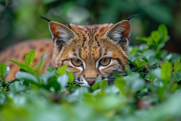 An intense gaze of a lynx peeking through the city greenery a stunning example of wild beauty in urb