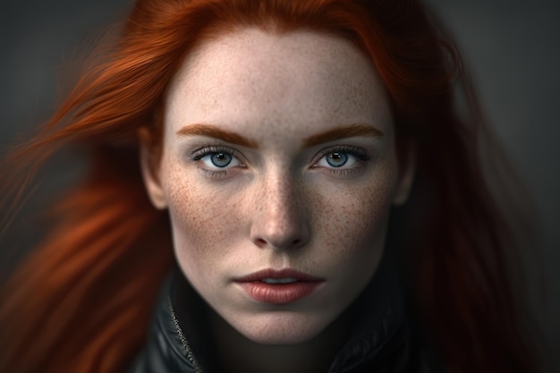 Intense Gaze Portrait of a Redhead Woman with a White Turtleneck and a Leather Jacket