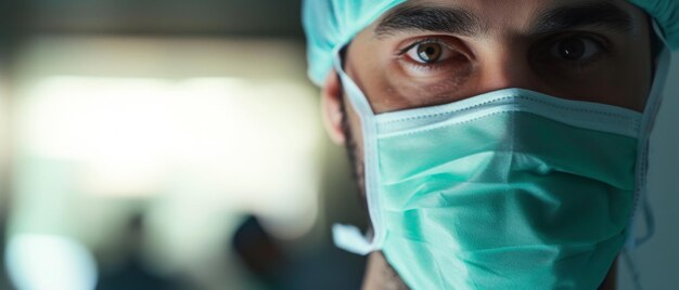 Intense gaze of a surgeon in scrubs and a surgical mask ready for operation