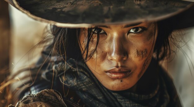 Photo intense gaze of a young woman in a rugged cowboy hat