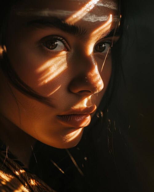 Intense gaze of a young woman with dramatic shadows