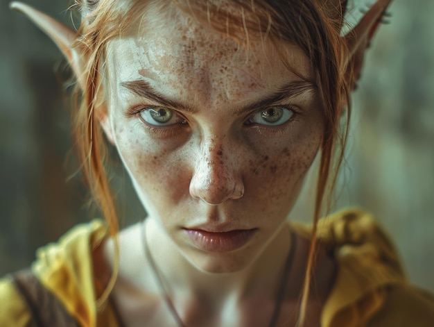 Intense gaze of a young woman with elf ears and freckles