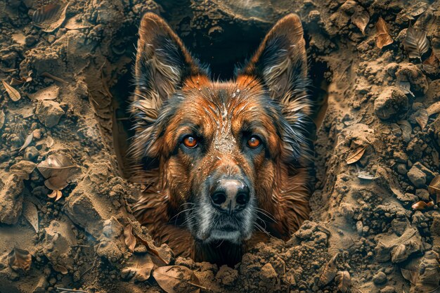 Photo intense german shepherd dog staring through rugged earthen hole wild canine watchfulness