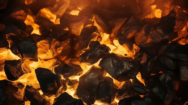 写真 炎 の 産物 の 背景 に 照らさ れ て いる 黄色い 燃える 石炭 の 密接 な 熱 を 捉え て いる