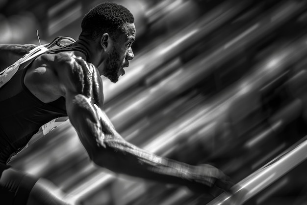 Photo intense hurdler sprinting full speed towards hurdle captured in black and white focus and determination