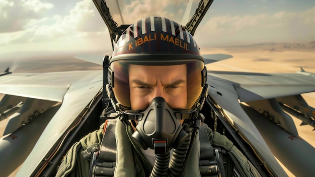 激しいジェット戦闘機のパイロットが準備を整え最先端のヘルメットと酸素マスクを身に着けアドレナリンの衝撃を感じます