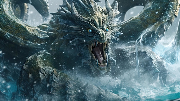 격렬한 카이주와 같은 도마 괴물이 폭력적인 바다에서 거대한 괴물 크라켄이 Cthulhu 문어에 공격합니다.