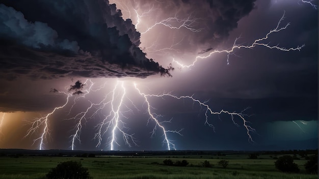 Intense lightning storm over grassland