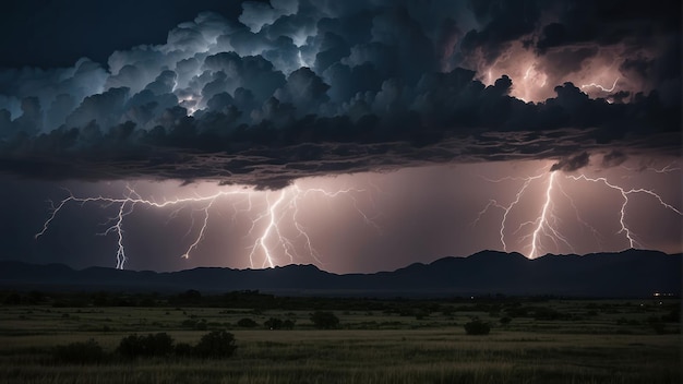 Photo intense lightning storm over grassland