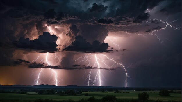 Photo intense lightning storm over grassland