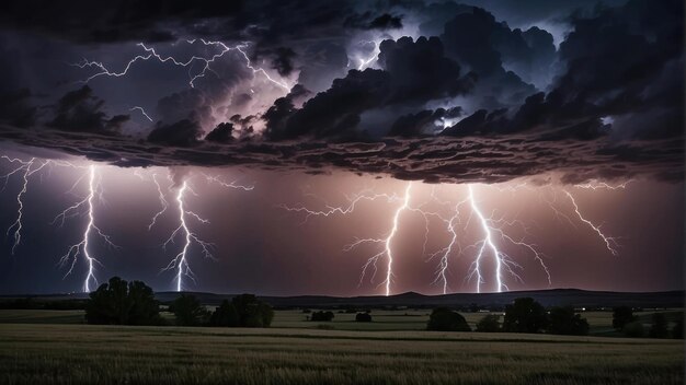 Intense lightning storm over grassland