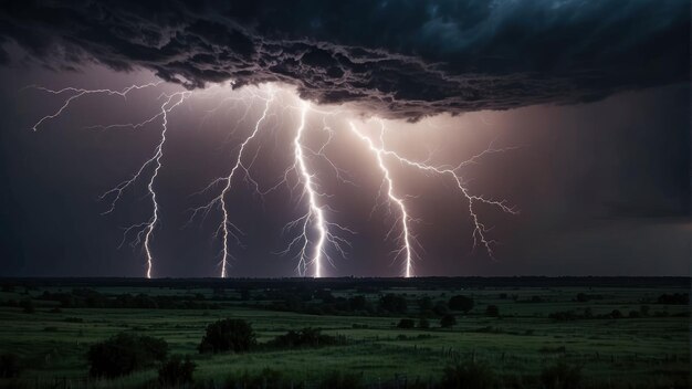 Photo intense lightning storm over grassland