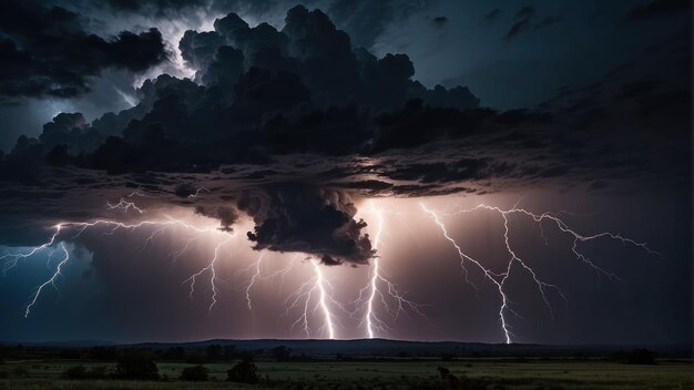 Intense lightning storm over grassland