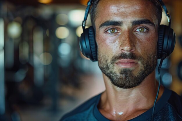 Foto atleta maschile intenso con le cuffie in palestra