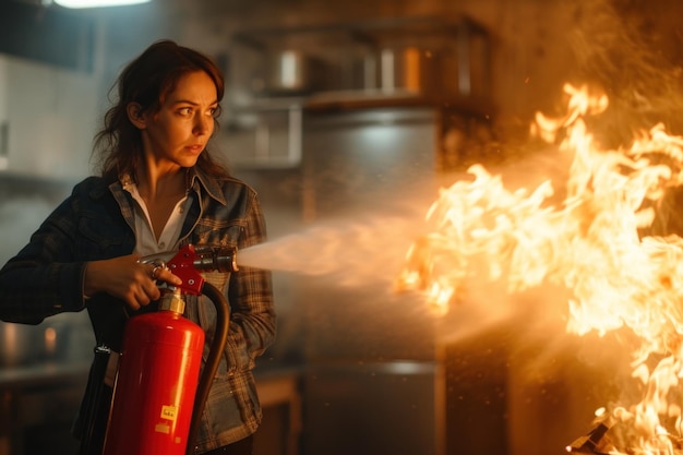 Foto un momento intenso mentre una donna usa l'estintore in una cucina affumicata