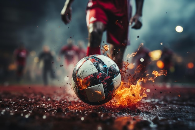 Intense moment footballers closeup precision kick at freekick point soccer ball poised