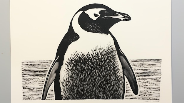 Photo intense penguin lino print in the style of bob ringwood