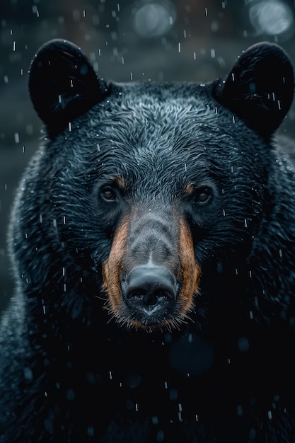 Интенсивный портрет черного медведя в лесу Муди с падающими снежинками дикой природы