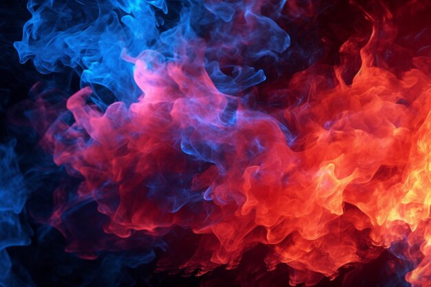 Intense red and blue fire illuminates the black background