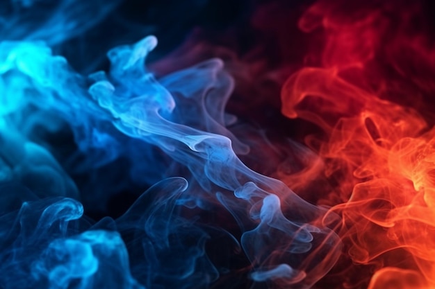 Intense red and blue fire illuminates the black background