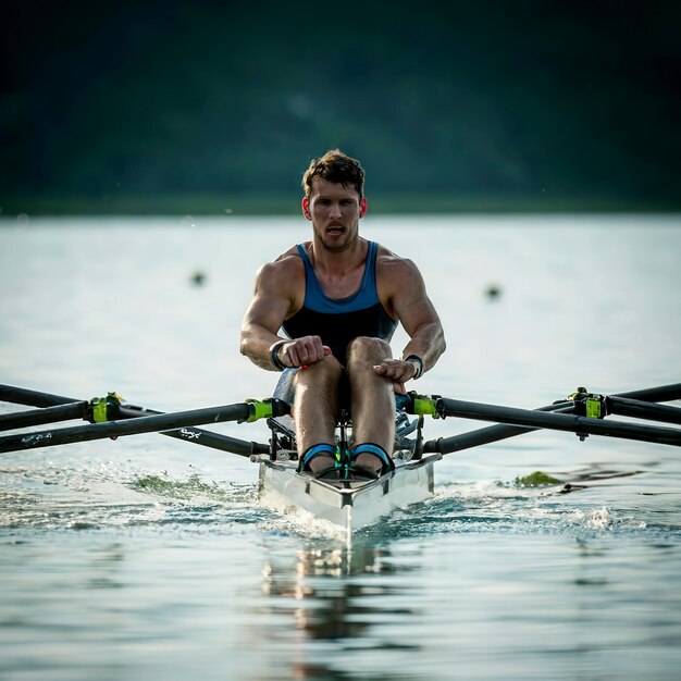 Intense rower stroke glistening water vivid jersey precision and power in rowing moment