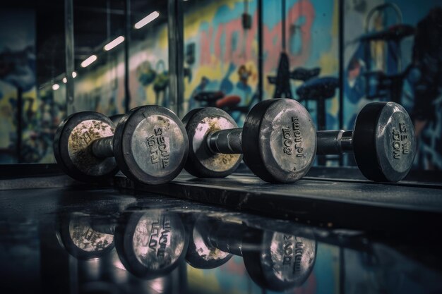 Intense scène in de sportschool, zweterige, met halters gemotiveerde lifters, generatieve IA