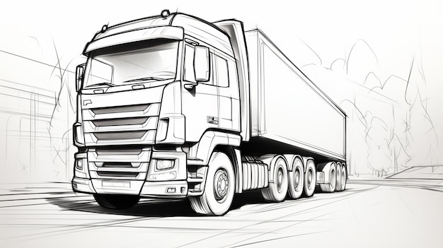 Foto intense schaduwrijke semi truck illustratie sketch op witte achtergrond