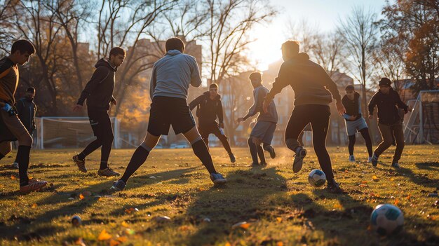 Foto un'intensa partita di calcio tra amici su un campo durante un bellissimo tramonto