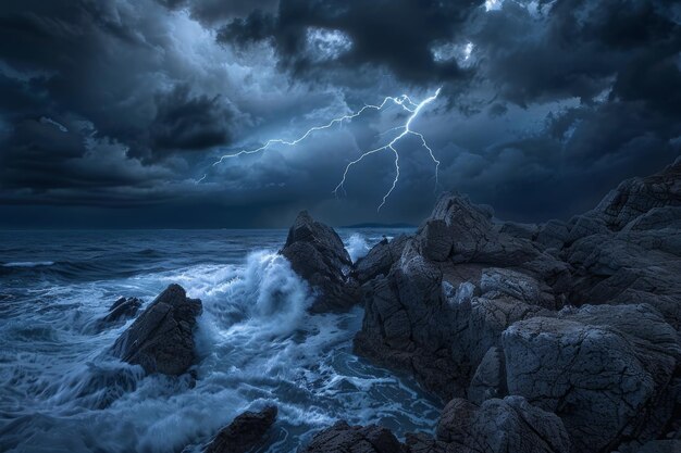 Intense storm crashing waves ominous sky lightning flashes Generative AI