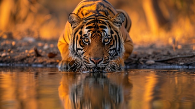 Intense Tiger Captured Drinking with Ghostly Reflection in Shallow Water