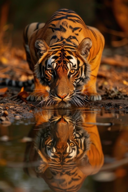 Интенсивный тигр пьет с призрачным отражением в мелководье