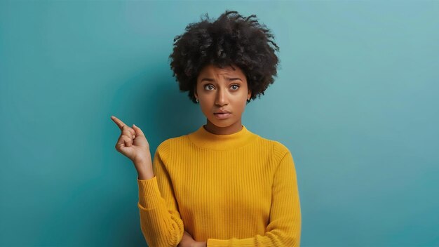 Intense unsure and confused african american female left pointing