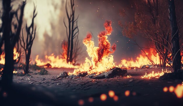Intense vlammen van een enorme bosbrand Vlammen verlichten de nacht Generatieve AI