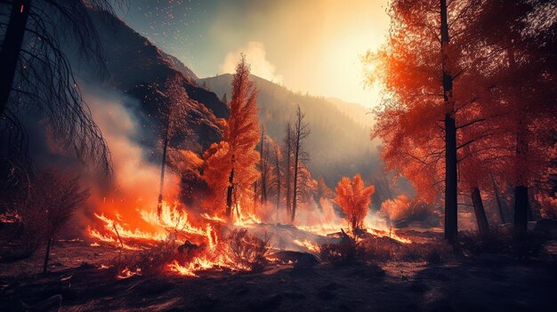 Intense vlammen van een enorme bosbrand Vlammen verlichten de nacht terwijl ze door dennenbossen en saliebossen razen