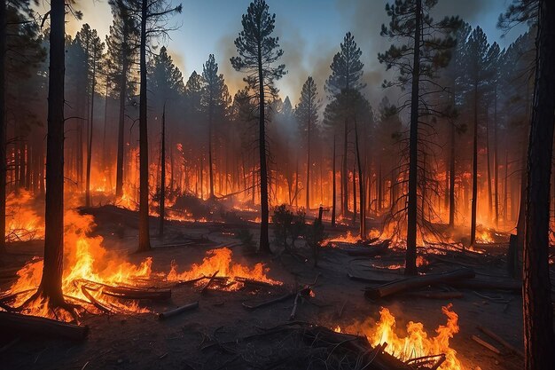 Intense vlammen van een enorme bosbrand vlammen verlichten de nacht terwijl ze woeden door dennenbossen en salie borstel