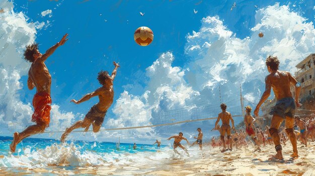 Photo an intense volleyball match on a sunny beach wallpaper