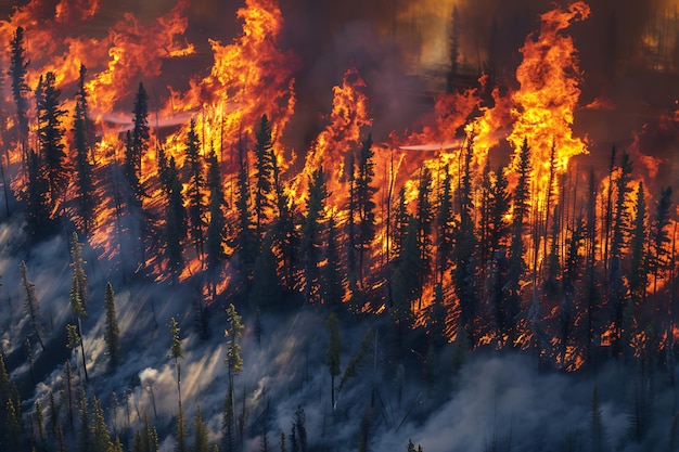 intense wildfire engulfing forest landscape