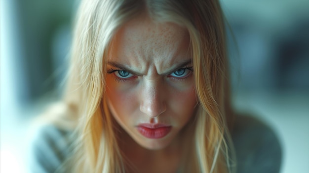 Intense woman with a frown showing displeasure or anger closeup