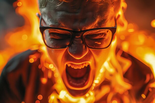 Photo intense young man screaming with fiery explosive background dramatic emotional expression in high
