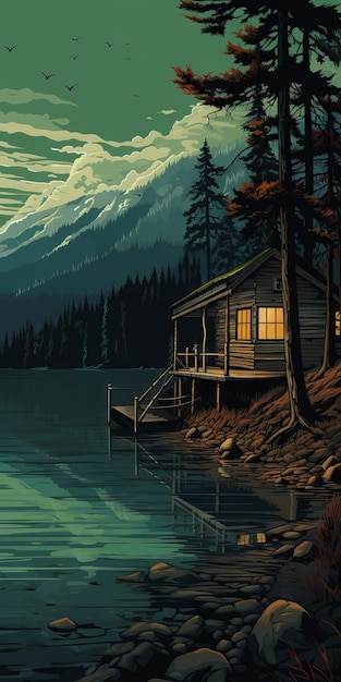 Intensely Detailed Cabin On Lake Contemporary Canadian Art