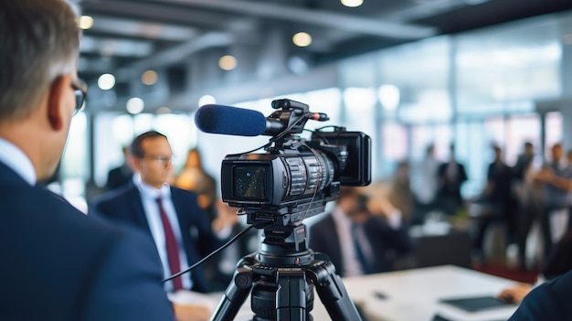 intensiteit van een persconferentie als een openbare spreker een televisiecamera toespreekt die essentiële informatie aan de wereld overbrengt