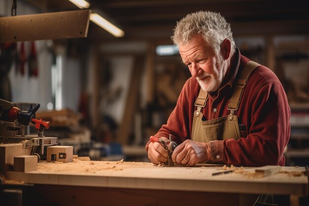 Intent senior man carpenter clutching measuring tape Generative AI