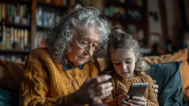 Inter generational Connection Elderly Woman and Young Girl Engage with Cell Phone Together