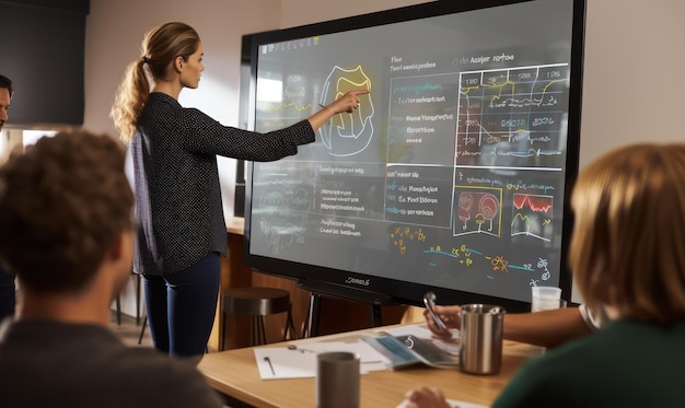 Foto interactief leerende leraar gebruikt digitaal bord om ingewikkelde concepten duidelijk uit te leggen