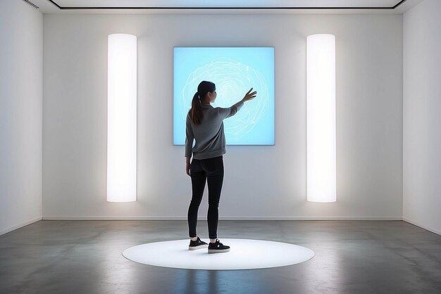 Foto interactieve kunst in een kamer met gesture-gecontroleerde verlichting mockup met lege witte lege ruimte voor het plaatsen van uw ontwerp