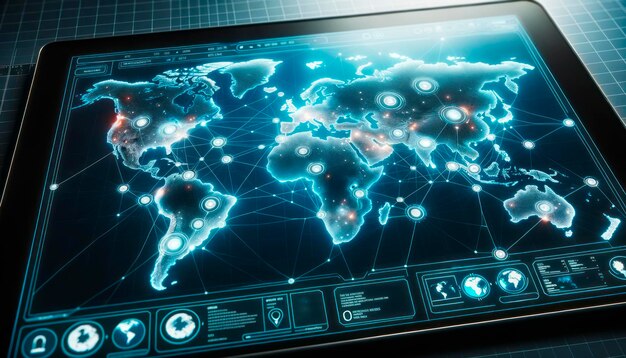 Foto interactieve wereldwijde kaart op tablet met analytische gegevenspunten digitaal communicatie- en technologieconcept generatieve ai