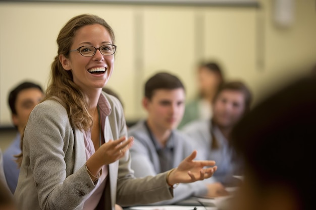 The interaction and knowledge sharing between a young female lecturer and her students in a close up shot during a seminar or workshop Generative AI